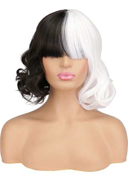 Cruella Cosplay Peruk Kısa Bob Çünkü Cadılar Bayramı Partisi Kadın Sentetik Saç Lolita Isıya Dayanıklı Yarım Siyah Beyaz Peruk fiyatları