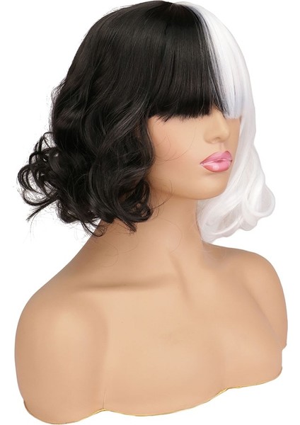 Cruella Cosplay Peruk Kısa Bob Çünkü Cadılar Bayramı Partisi Kadın Sentetik Saç Lolita Isıya Dayanıklı Yarım Siyah Beyaz Peruk modelleri