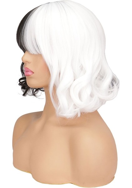 Cruella Cosplay Peruk Kısa Bob Çünkü Cadılar Bayramı Partisi Kadın Sentetik Saç Lolita Isıya Dayanıklı Yarım Siyah Beyaz Peruk fırsatları