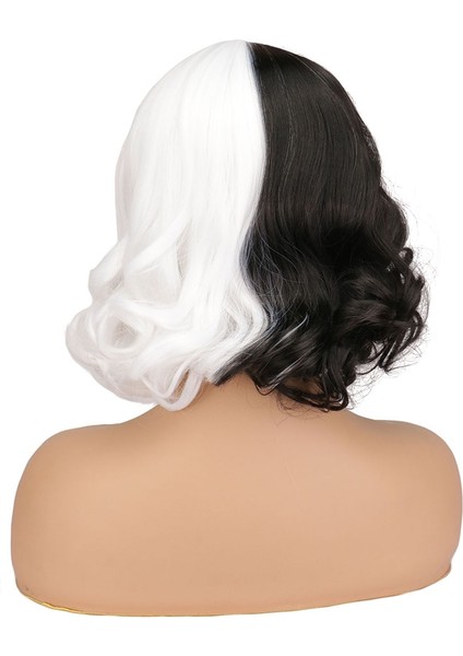Cruella Cosplay Peruk Kısa Bob Çünkü Cadılar Bayramı Partisi Kadın Sentetik Saç Lolita Isıya Dayanıklı Yarım Siyah Beyaz Peruk indirimleri