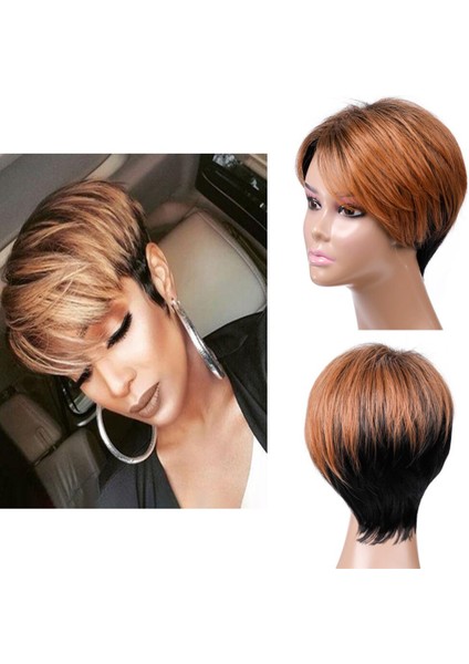 Kısa Bob Pixie Cut Patlama ile Sentetik Peruk Siyah ve Açık Kahverengi Peruk Kadınlar Içın Düz Ombre Cosplay Parti Peruk