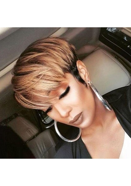 Kısa Bob Pixie Cut Patlama ile Sentetik Peruk Siyah ve Açık Kahverengi Peruk Kadınlar Içın Düz Ombre Cosplay Parti Peruk fiyatları