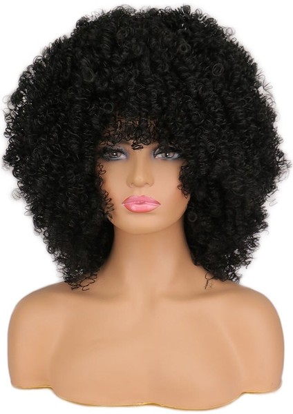 Kısa Saç Afro Kinky Kıvırcık Peruk Patlama ile Sentetik Peruk Siyah Kadınlar Içın Doğal Cosplay Peruk Sıcaklık