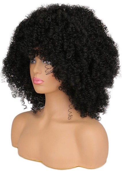 Kısa Saç Afro Kinky Kıvırcık Peruk Patlama ile Sentetik Peruk Siyah Kadınlar Içın Doğal Cosplay Peruk Sıcaklık modelleri