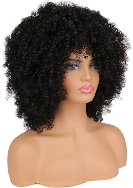 Kısa Saç Afro Kinky Kıvırcık Peruk Patlama ile Sentetik Peruk Siyah Kadınlar Içın Doğal Cosplay Peruk Sıcaklık fırsatları