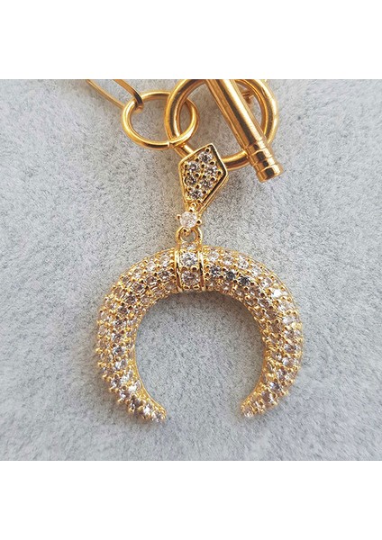 TS000980 - Zirkon Malzemem Hilal Figürü Paslanmaz Çelik El İşi/Tasarım Kadın Kolye