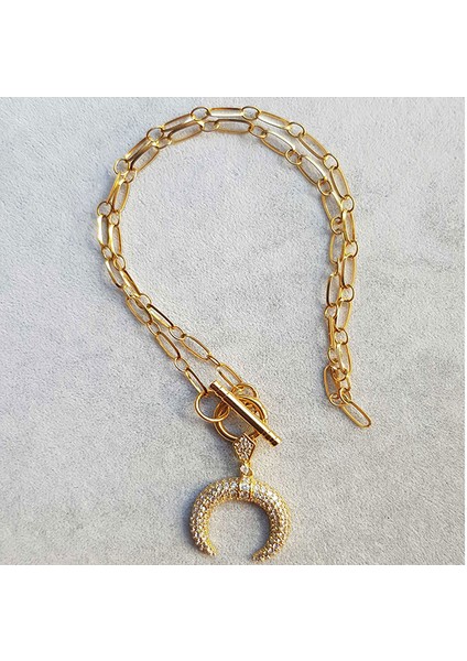 TS000980 - Zirkon Malzemem Hilal Figürü Paslanmaz Çelik El İşi/Tasarım Kadın Kolye fiyatları