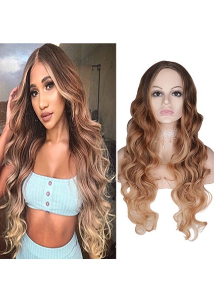 Uzun Ombre Sarışın Kahverengi Doğal Dalgalı Peruk Orta Kısmı Saç Cosplay Parti Kadınlar Içın Lük Isıya Dayanıklı Sentetik Peruk fiyatları