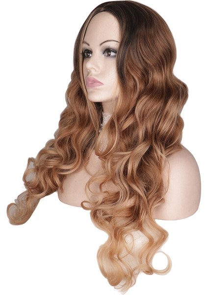 Uzun Ombre Sarışın Kahverengi Doğal Dalgalı Peruk Orta Kısmı Saç Cosplay Parti Kadınlar Içın Lük Isıya Dayanıklı Sentetik Peruk modelleri