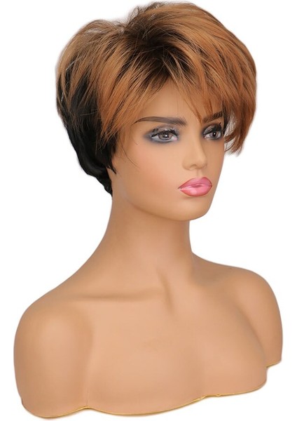 Sentetik Kısa Peruk Saç Pixie Cut Patlama ile Peruk Siyah ve Açık Kahverengi Peruk Kadınlar Içın Düz Cosplay Parti Peruk