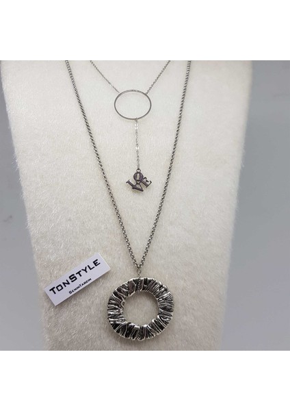 TS000670 - Şans Çemberi Halkası ve Love Figürü Paslanmaz Çelik Kadın Kolye