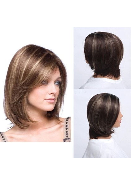 Düz Patlama Stili Pixie Cut 14 Inç Sentetik Peruk Siyah Kadınlar Içın Kahverengi Karışık Kısa Doğal Tam Peruk