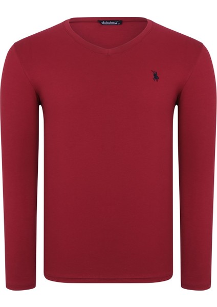 T8587 V Yaka Erkek Sweatshirt-Düz Bordo