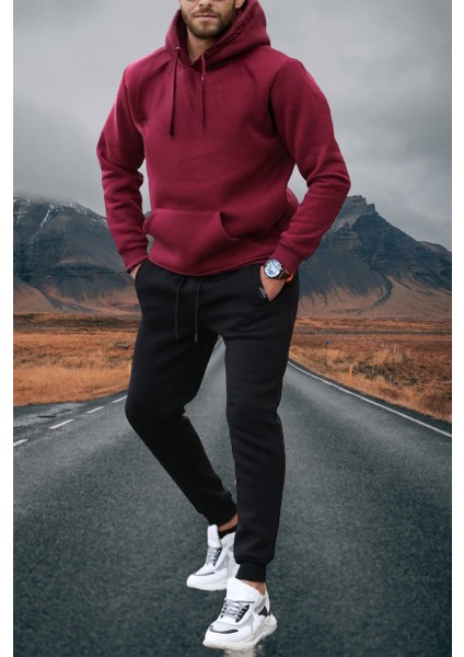 Kapüşonlu 4 Iplik Çok Kalın Pamuk Dokuma Tam Kışlık Yeni Tarz Erkek Eşofman Takımı