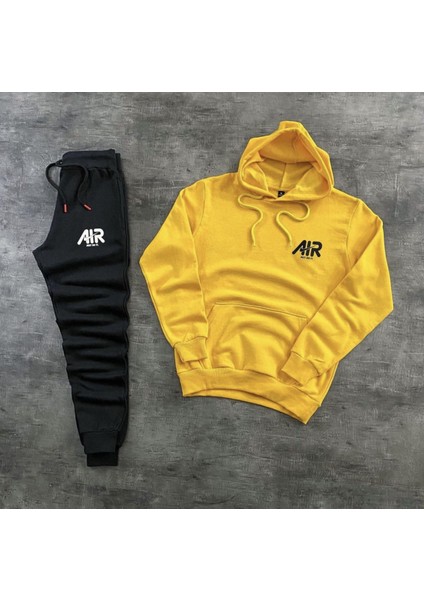 Kapüşonlu Şardonlu Pamuk Dokuma Göğüs Baskılı Outdoor Erkek Eşofman Takımı