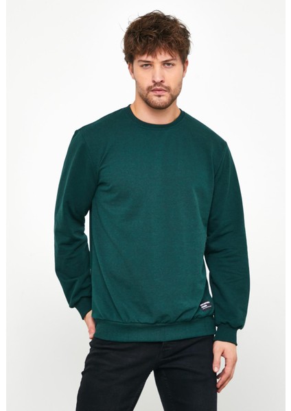 Erkek Koyu Yeşil Basic Bisiklet Yaka Sweatshirt