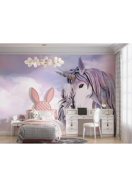 Pembe Bulutlar Üzerinde Unicorn Çocuk Odası Duvar Kağıdı