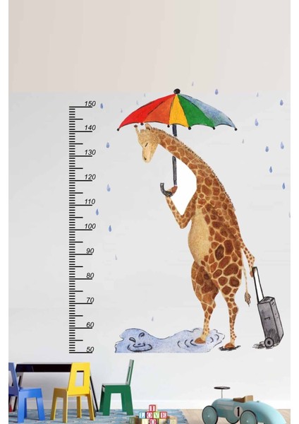 Şemsiyeli Zürafa Boy Ölçer Duvar Sticker