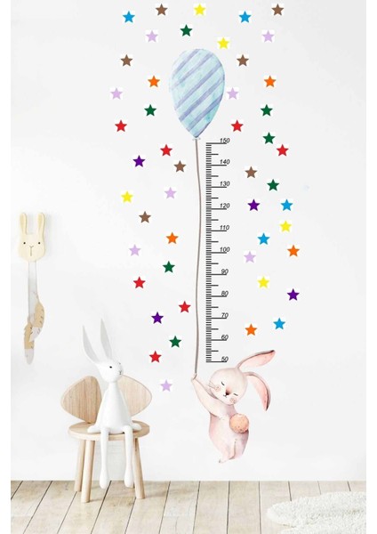 Balonlu Tavşan Boy Ölçer Duvar Sticker Seti