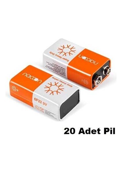 Naccon 9V Super Heavy Duty Çinko Karbon Kare Pil 20'li Paket