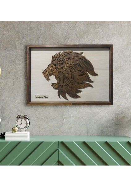 Kişiye Özel Aslan Kabartma Figürlü Özel Yapım Ahşap Çerçeveli Tablo