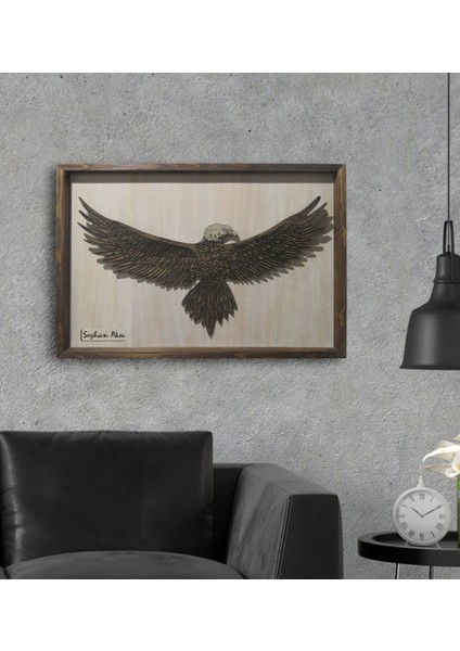 Kişiye Özel Kartal Kabartma Figürlü Özel Yapım Ahşap Çerçeveli Tablo