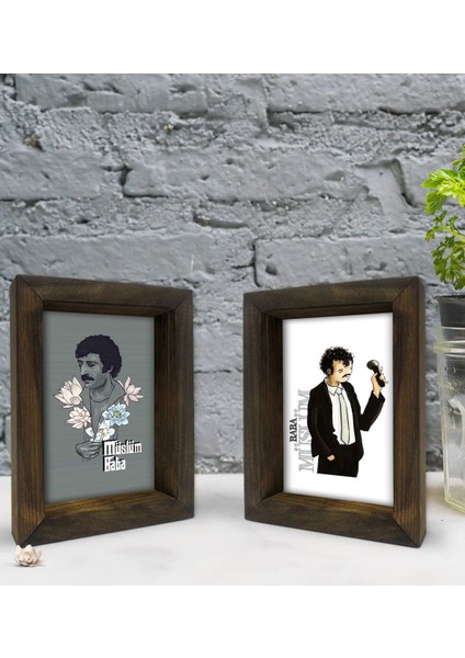 Gift Müslüm Baba Tasarımlı Dekoratif 2'li Doğal Masif Ahşap Çerçeve 15X20CM-1