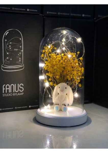 Işıklı Fanus Mavi Tavşan ve Çiçek Figürlü Lamba (Beyaz Taban) fiyatları