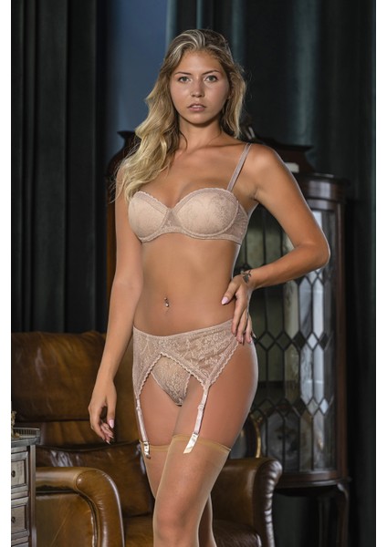 Kadın (Cappucino) Danteli Sütyen, String, Jartiyer ve Çorap 4lü Takım MGP31102