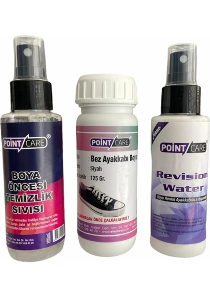 Point Care Siyah Kumaş ve Bez Ayakkabı Boyası 125 Gr. + Sihirli Sıvı + Boya Öncesi Temizlik Sıvısı