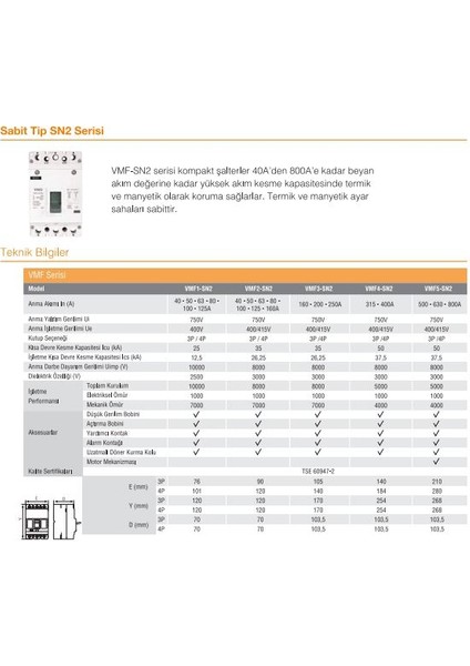VMF1-100-SN2 100A 3 Kutuplu 25KA Sabit Kompakt Şalter