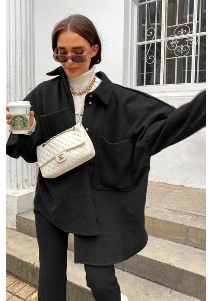 Mad Girls Siyah Over Size Gömlek Ceket MG1281 modelleri