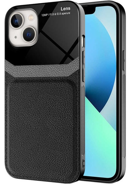 - Apple iPhone 13 - Kılıf Deri Görünümlü Parlak Mika Tasarımlı Emiks Kapak - Siyah