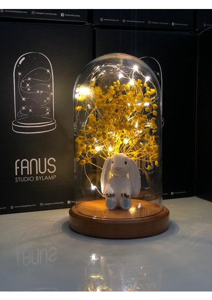 Işıklı Fanus Mavi Tavşan ve Çiçek Figürlü Lamba (Ahşap Taban) fiyatları