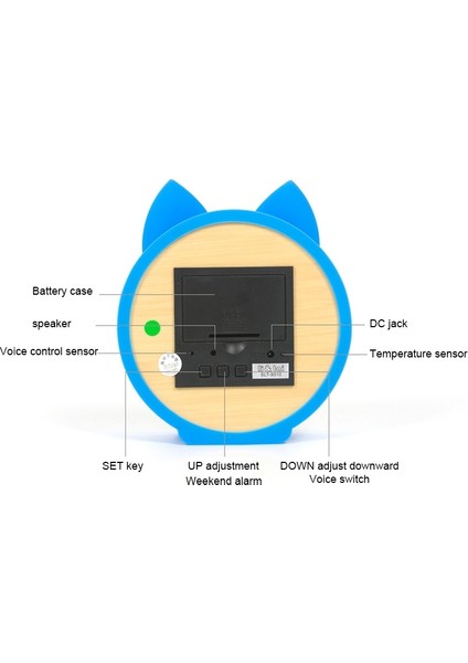 Silikon Kedi Şekli Ahşap Sessiz LED Elektronik Çalar Saat Yeşil Işık + Mavi (Yurt Dışından)