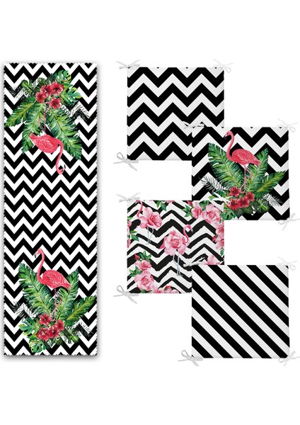 Zizag Zeminli Flamingo Tasarımlı 4 Fermuarlı Sandalye Minderi ve 1 Runner Seti fiyatları