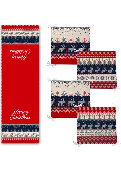 Mery Christmas Geyik Motifli 4 Fermuarlı Sandalye Minderi ve 1 Runner Seti fiyatları