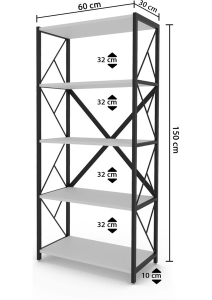 Sera Çok Amaçlı Raflı Metal Kitaplık 150CM Beyaz