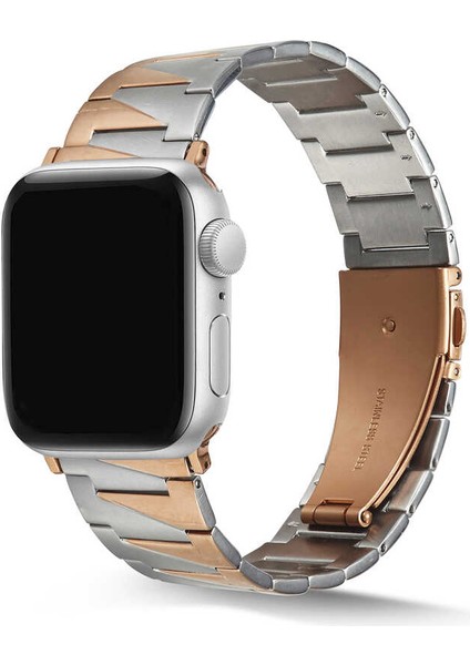 Apple Watch Uyumlu 7 41 mm Z Type Model Metal Kordon Gümüş-Rosegold