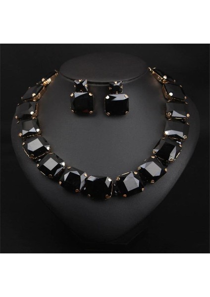 Stalaıt Foxer Bohemian Geometrik Siyah Küpe Kolye Takı Seti