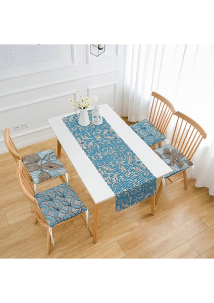 Mavi Damask Tasarımlı 4 Pofidik Sandalye Minderi ve 1 Runner Seti