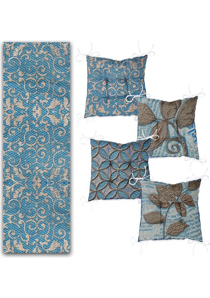 Mavi Damask Tasarımlı 4 Pofidik Sandalye Minderi ve 1 Runner Seti fiyatları