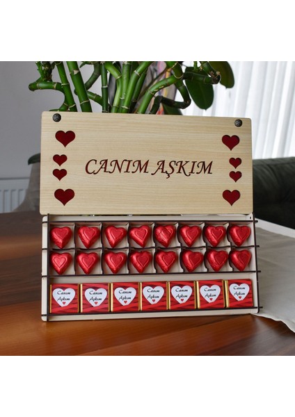 s Ahşap Kutulu Kalpli ve Canım Aşkım Yazılı Çikolata Seti