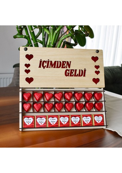 s Içimden Geldi Temalı Ahşap Çikolata Kutusu- Canım Aşkım Yazılı Madlen- Kalp Çikolatalar