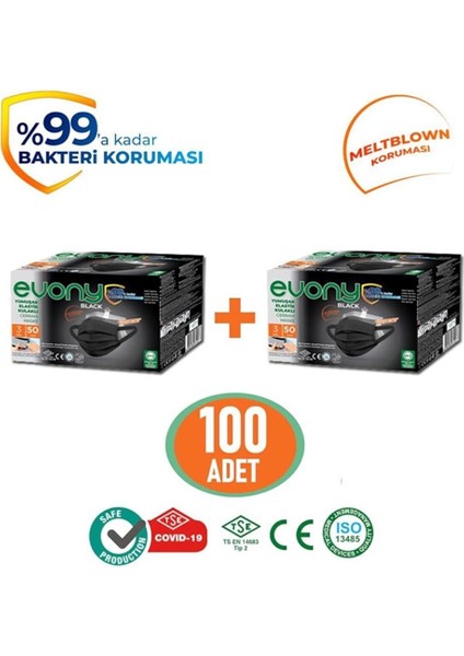 Elastik Kulaklı Siyah Maske 100 Adet