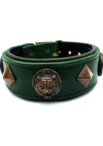Kaplan Başlı Özel Tasarım Deri Köpek Tasması Koyu Yeşil Xl