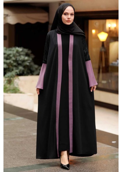 - Kolları Detaylı Koyu Gül Kurusu Tesettür Abaya 55510KGK