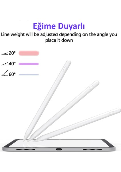 Apple iPad Mini 6. Nesil (2021) Uyumlu Avuç Içi Algılamayan Eğimle Çizim Kalınlığı Değişen Stylus Kalem