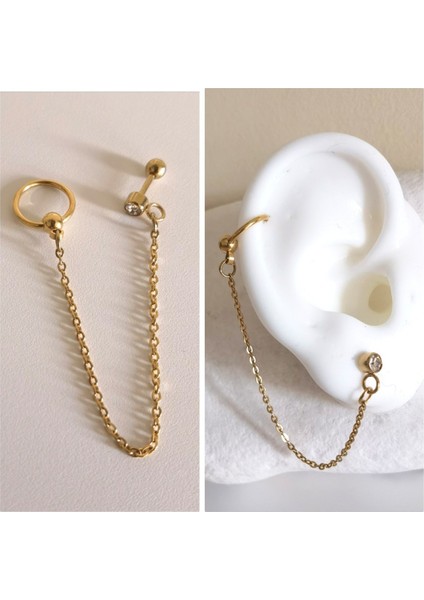 Cerrahi Çelik Zirkon Taşlı, Zincirli Gold Piercing - 1 Takım