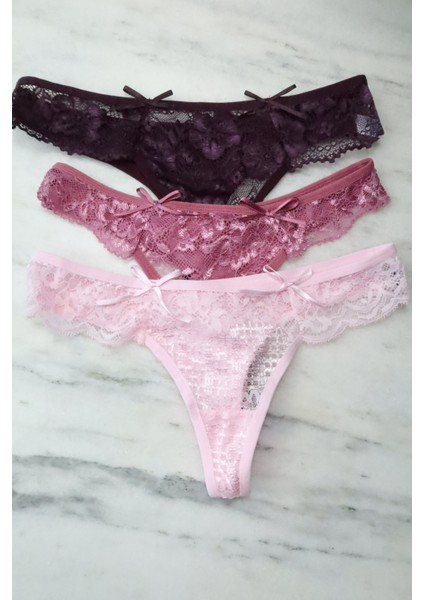 Kadın 3'lü Kombin Dantel Tanga Mürdüm, Gül Kurusu, Pembe